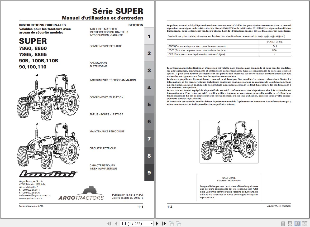 Landini Tractor SUPER 7860 to 110 Operators Maintenance Manual 6613743A1 FR 1