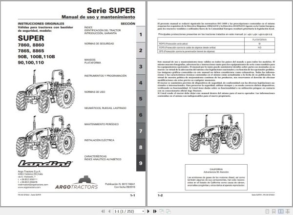 Landini Tractor SUPER 7860 to 110B Operators Maintenance Manual 6613746A1 ES 1