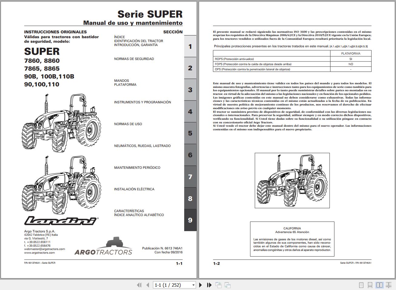 Landini Tractor SUPER 7860 to 110B Operators Maintenance Manual 6613746A1 ES 1