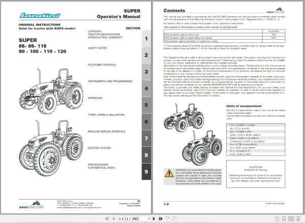 Landini Tractor SUPER 85 120 Operators Maintenance Manual 6720156A1 EN 1