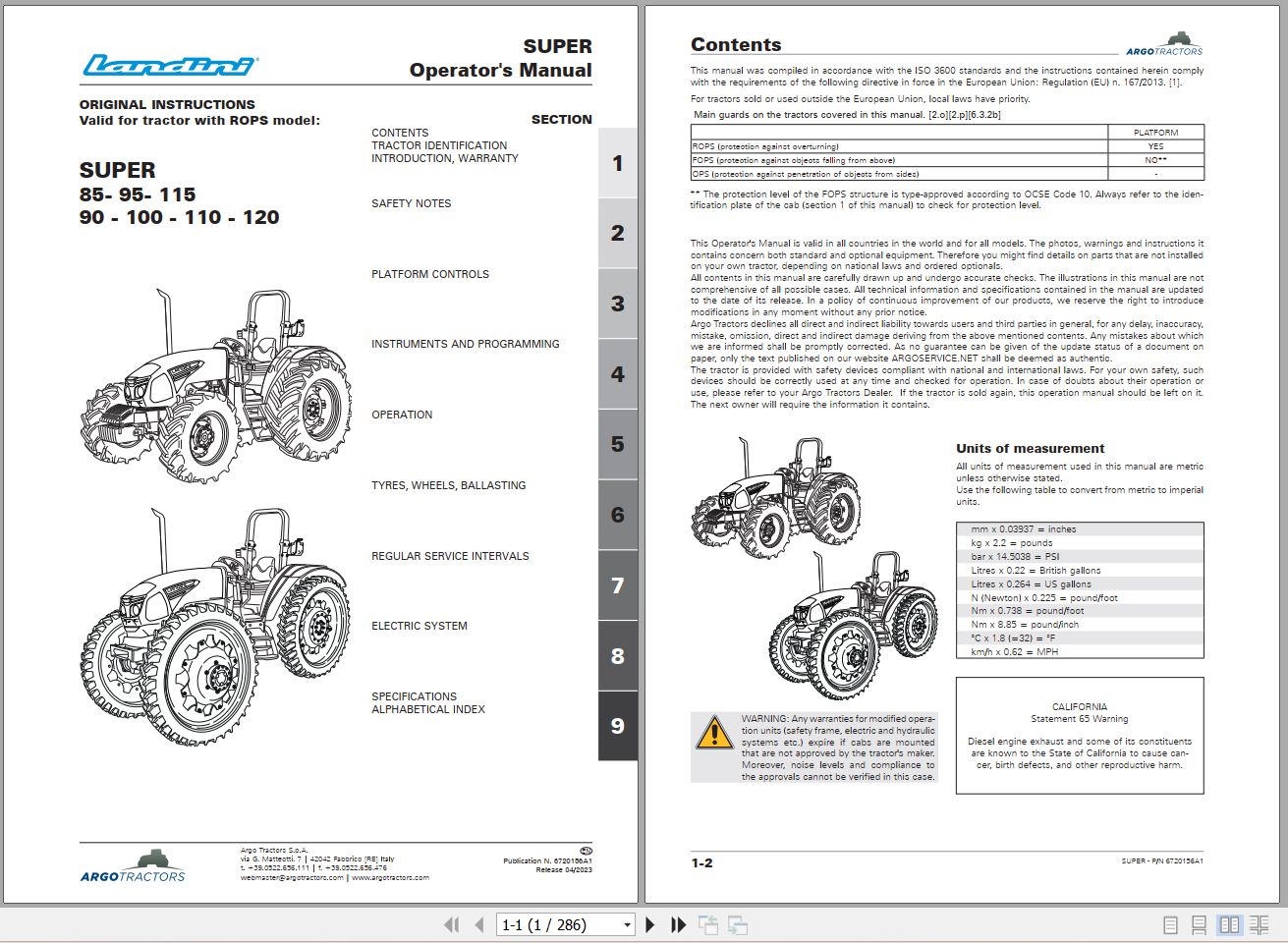Landini Tractor SUPER 85 120 Operators Maintenance Manual 6720156A1 EN 1