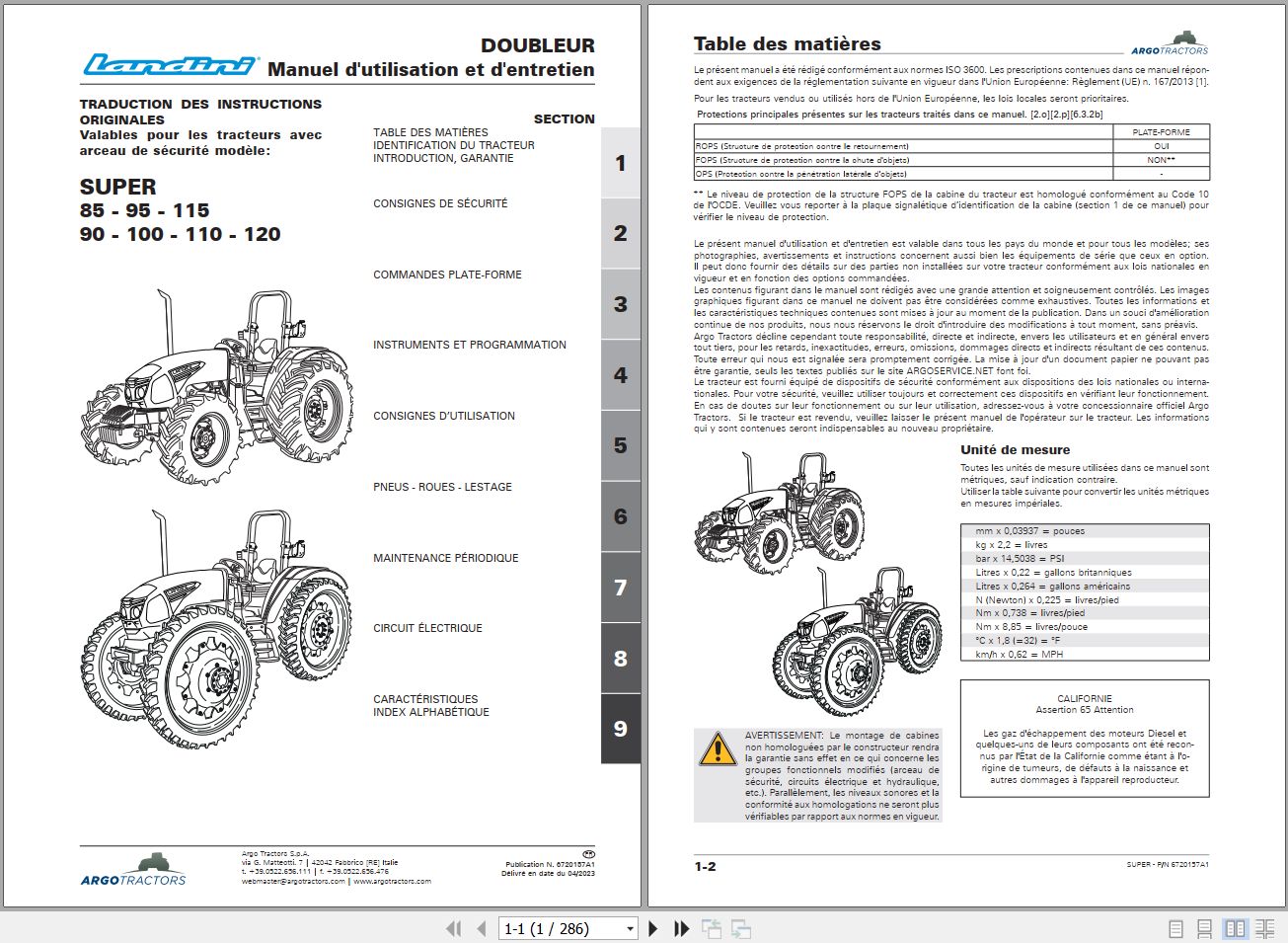 Landini Tractor SUPER 85 120 Operators Maintenance Manual 6720157A1 FR 1