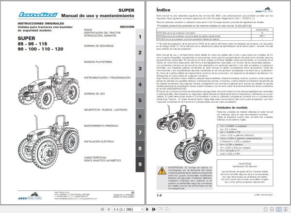 Landini Tractor SUPER 85 120 Operators Maintenance Manual 6720158A1 ES 1