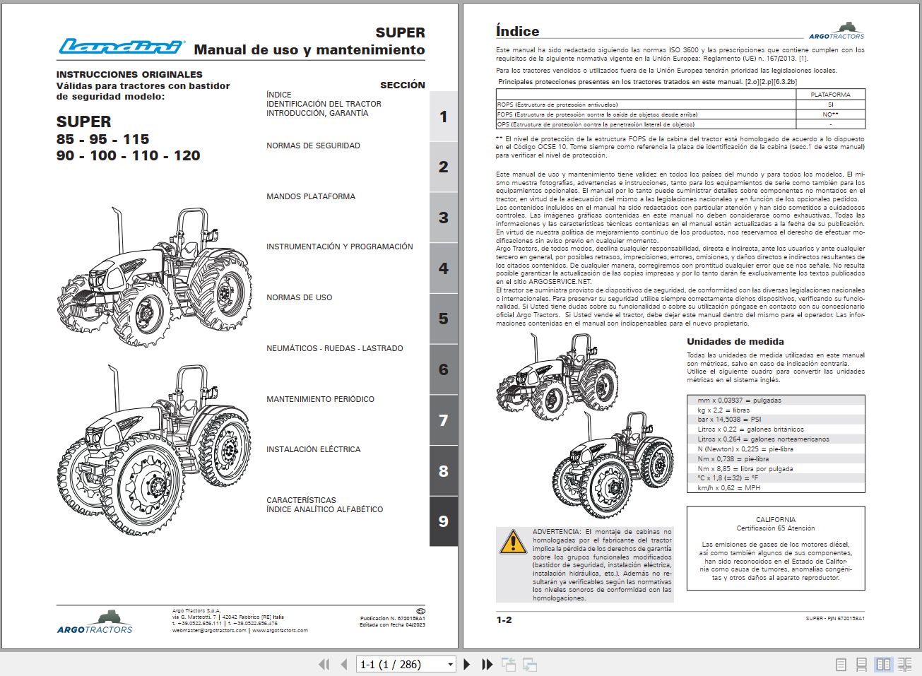 Landini Tractor SUPER 85 120 Operators Maintenance Manual 6720158A1 ES 1