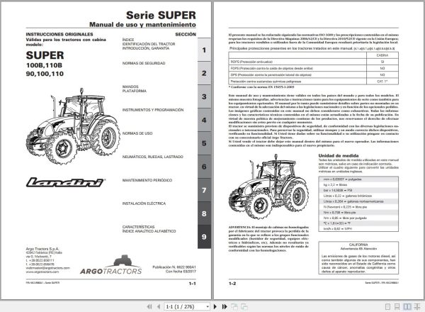 Landini Tractor SUPER 90 to 110B Operators Maintenance Manual 6622900A1 ES 1