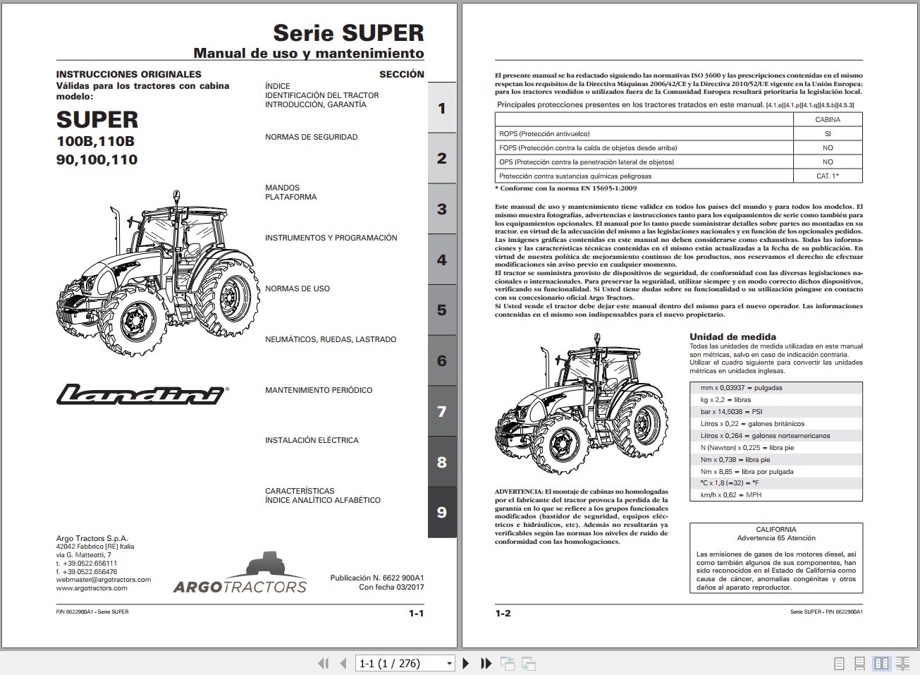 Landini Tractor SUPER 90 to 110B Operators Maintenance Manual 6622900A1 ES 1