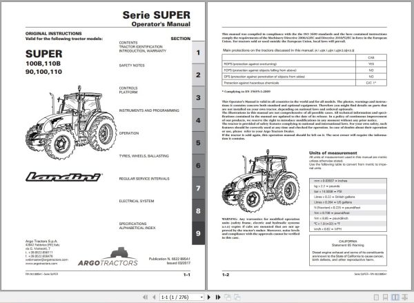 Landini Tractor Super 100B to 110 Operators Maintenance Manual 6622895A1 EN 1