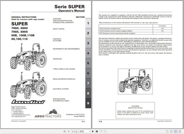 Landini Tractor Super 7860 to 110 Operators Maintenance Manual 6613741A1 EN 1