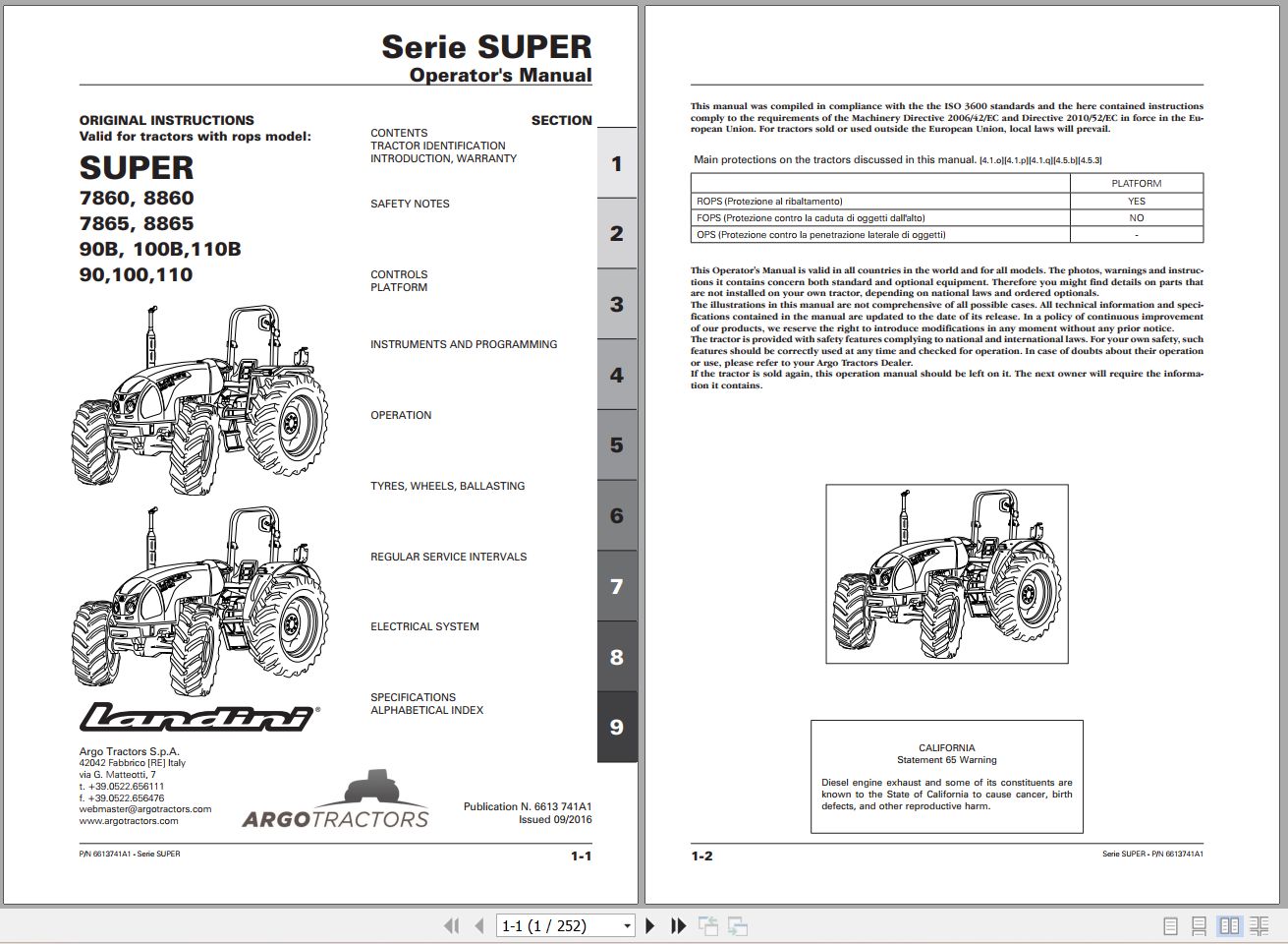 Landini Tractor Super 7860 to 110 Operators Maintenance Manual 6613741A1 EN 1