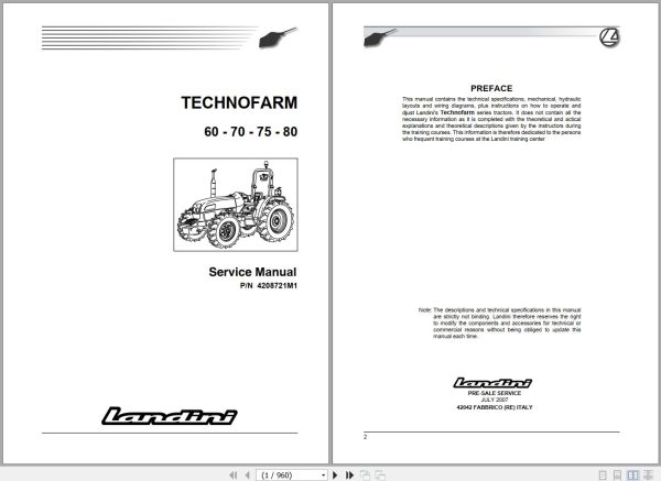 Landini Tractor TECHNOFARM 60 70 75 80 Service Manual 4208721M1 EN 1