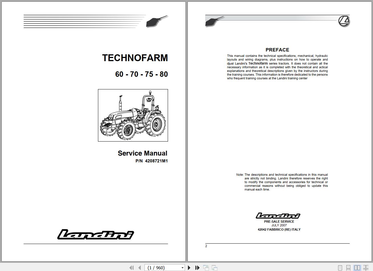 Landini Tractor TECHNOFARM 60 70 75 80 Service Manual 4208721M1 EN 1