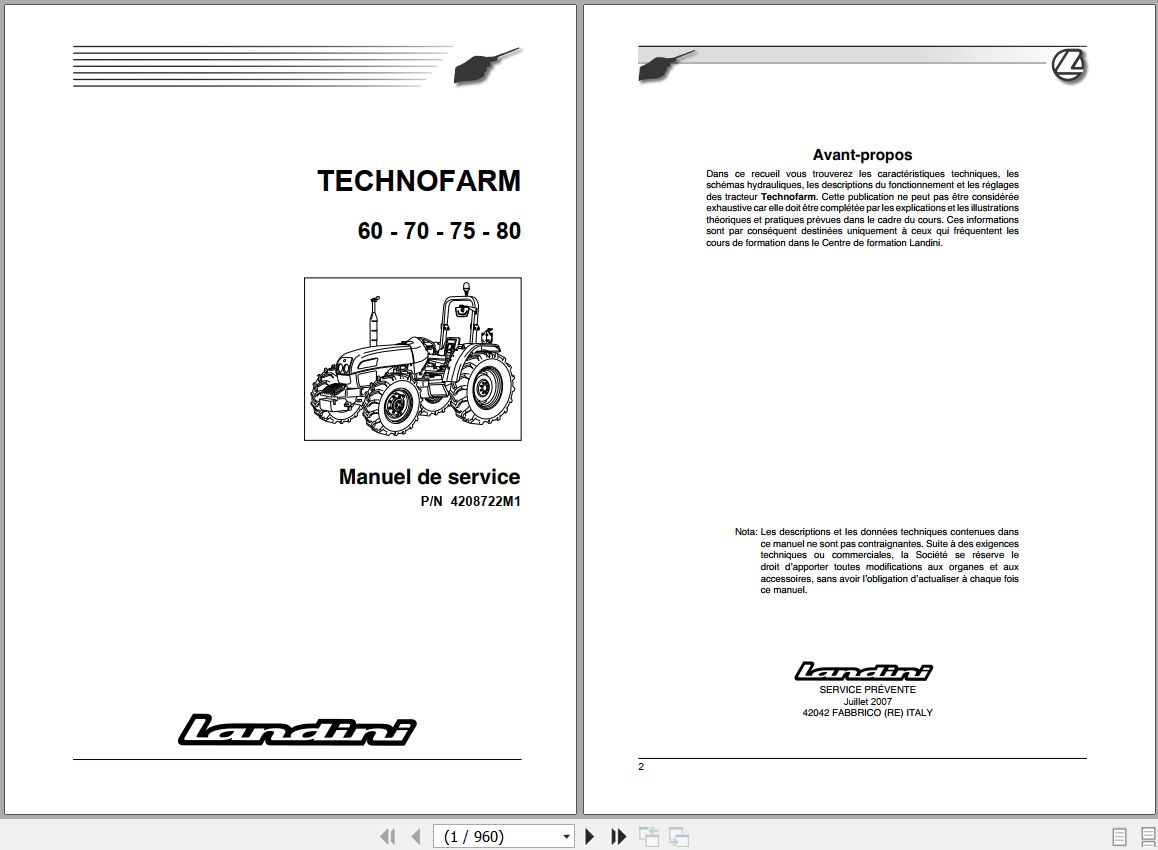 Landini Tractor TECHNOFARM 60 70 75 80 Service Manual 4208722M1 FR 1
