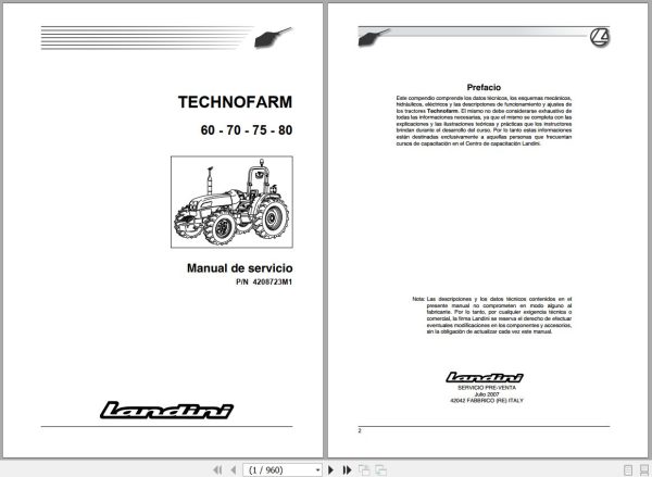 Landini Tractor TECHNOFARM 60 70 75 80 Service Manual 4208723M1 ES 1