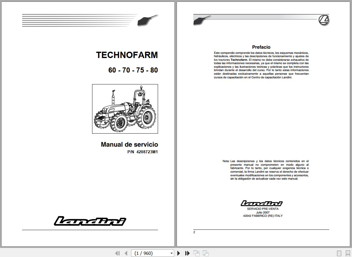 Landini Tractor TECHNOFARM 60 70 75 80 Service Manual 4208723M1 ES 1