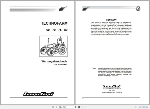 Landini Tractor TECHNOFARM 60 70 75 80 Service Manual 4208724M1 DE 1