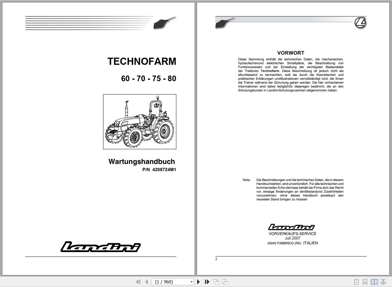 Landini Tractor TECHNOFARM 60 70 75 80 Service Manual 4208724M1 DE 1