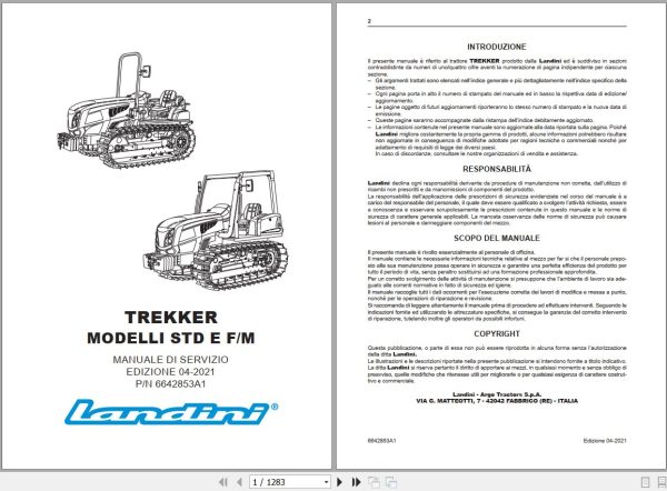 Landini Tractor TREKKER 4 105 to 4 110 Service Manual 6642853A1 IT 1
