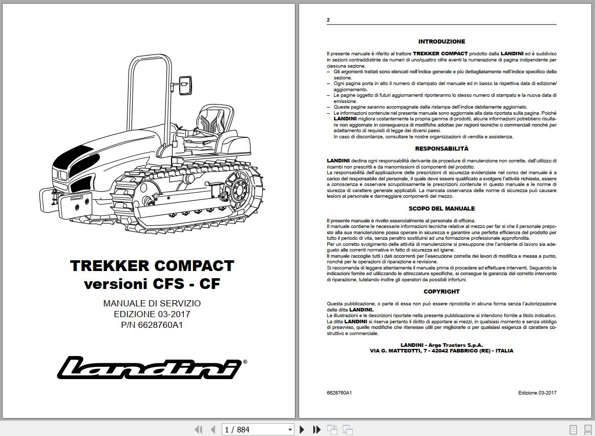 Landini Tractor TREKKER COMPACT CFS CF Service Manual 6628760A1 IT 1