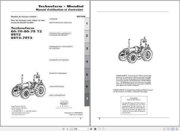 Landini Tractor Technofarm 60 to 75T3 Operators Maintenance Manual 6505857M1 FR 1