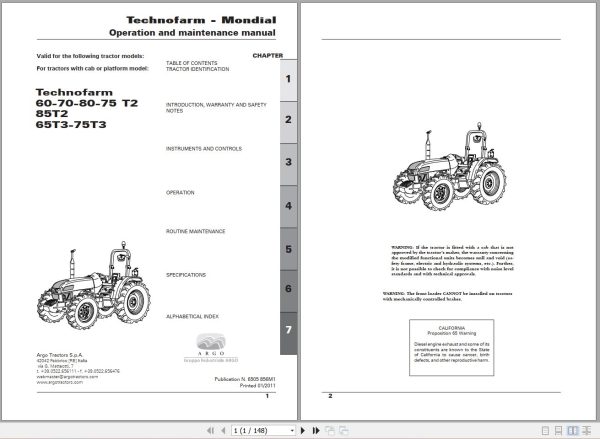 Landini Tractor Technofarm 60T2 to 75T3 Operators Maintenance Manual 6505856M1 EN 1