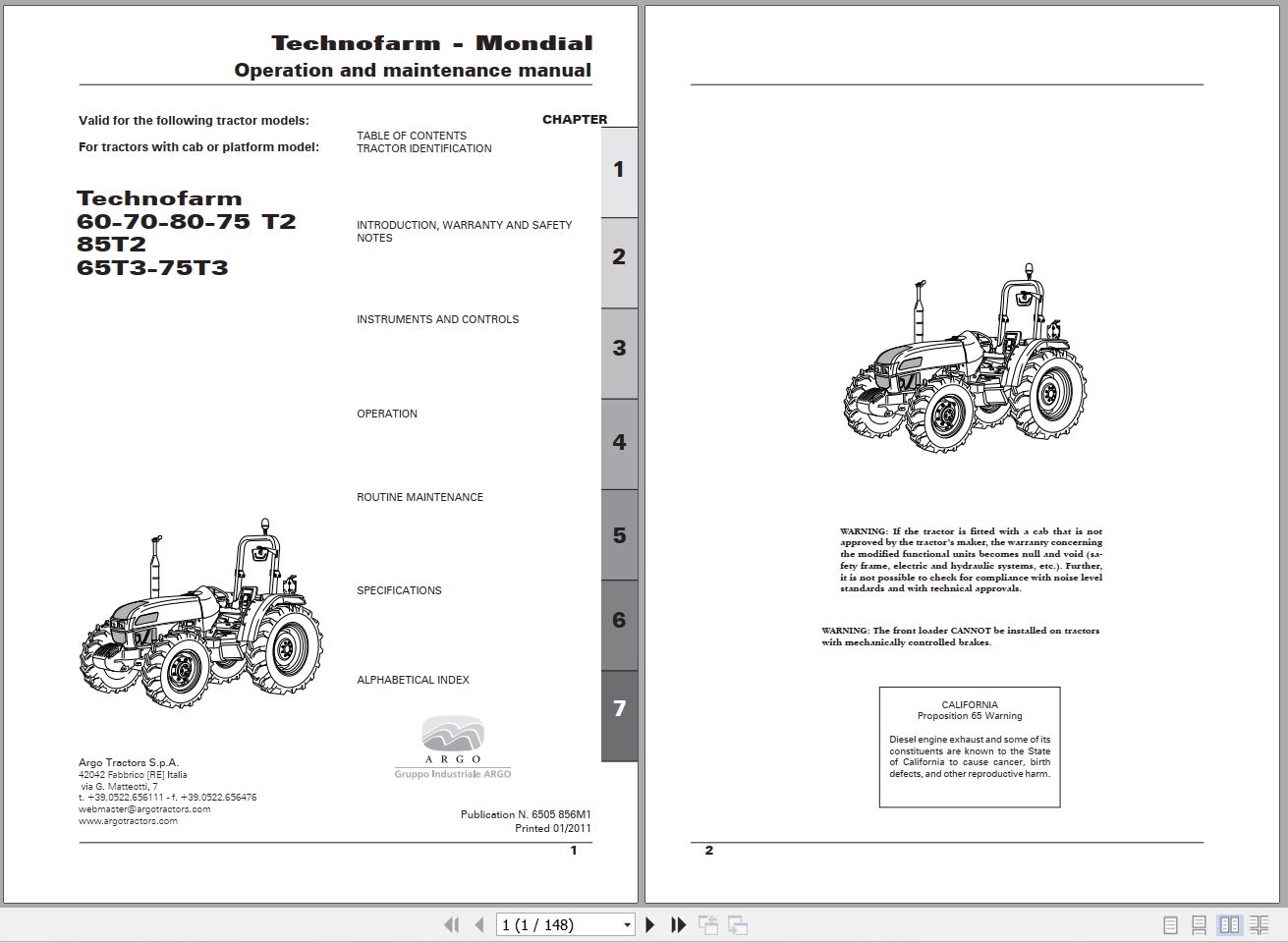 Landini Tractor Technofarm 60T2 to 75T3 Operators Maintenance Manual 6505856M1 EN 1