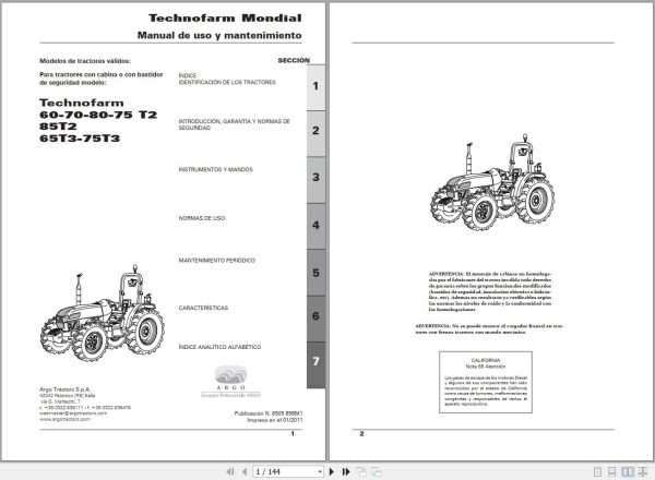 Landini Tractor Technofarm 60T2 to 75T3 Operators Maintenance Manual 6505858M1 ES 1