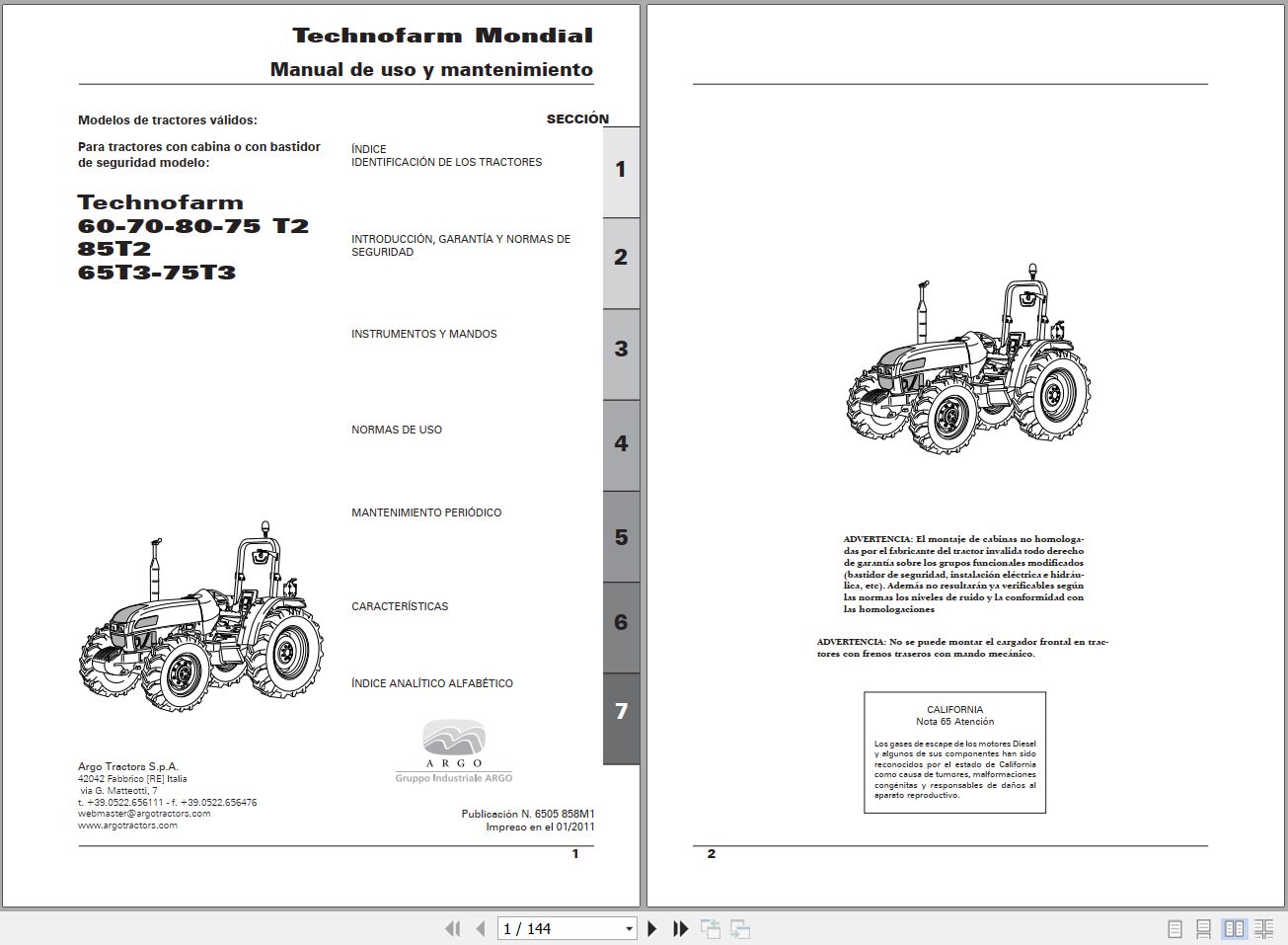 Landini Tractor Technofarm 60T2 to 75T3 Operators Maintenance Manual 6505858M1 ES 1