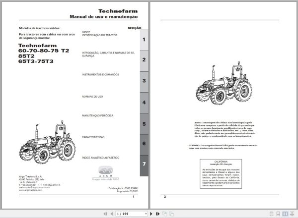 Landini Tractor Technofarm 60T2 to 75T3 Operators Maintenance Manual 6505859M1 PT 1