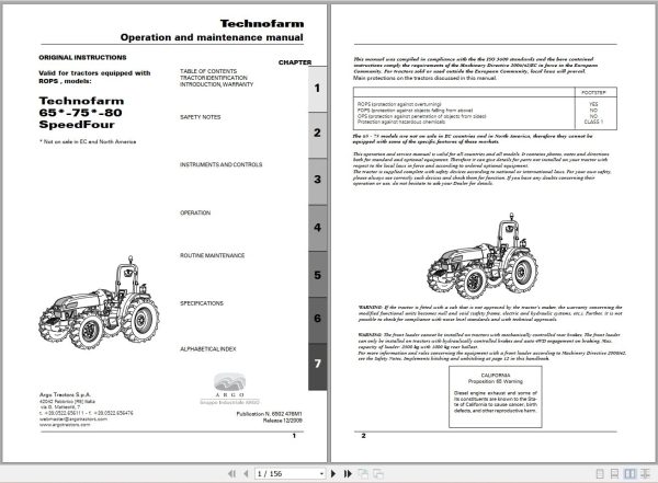 Landini Tractor Technofarm 65 75 80 Operators Maintenance Manual 6502476M1 EN 1