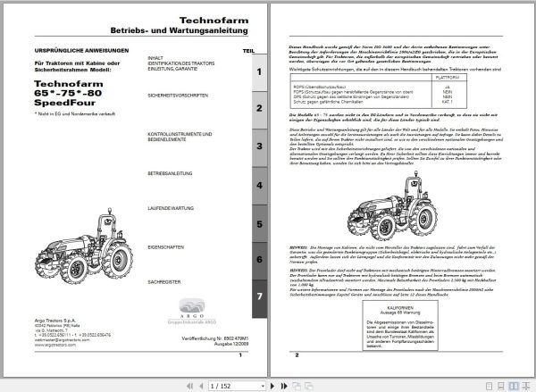 Landini Tractor Technofarm 65 75 80 Operators Maintenance Manual 6502479M1 DE 1
