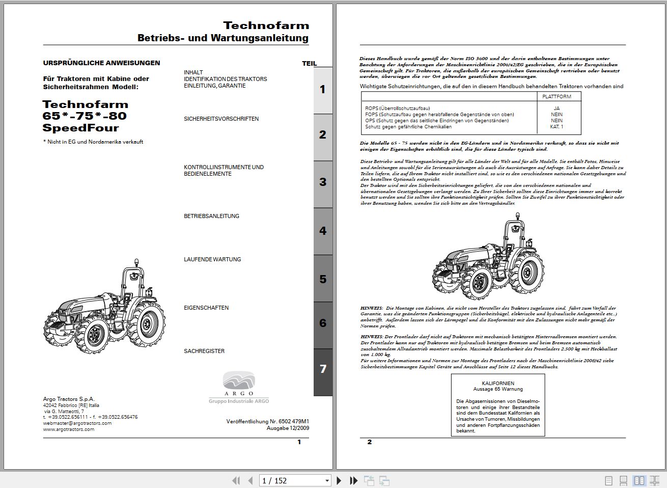 Landini Tractor Technofarm 65 75 80 Operators Maintenance Manual 6502479M1 DE 1