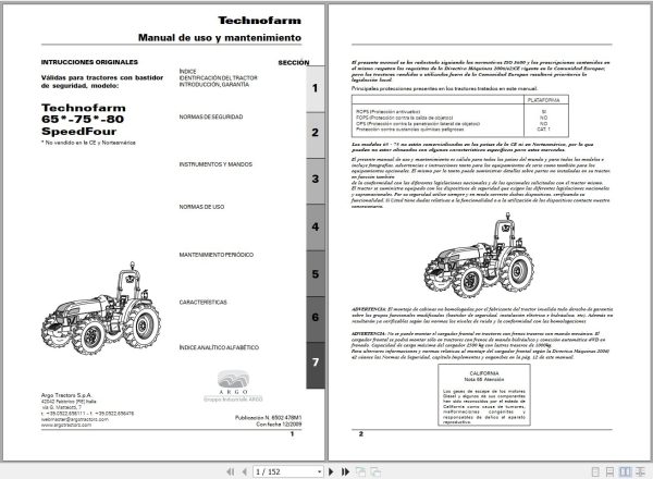 Landini Tractor Technofarm 65 75 80 SpeedFour Operators Maintenance Manual 6502478M1 ES 1