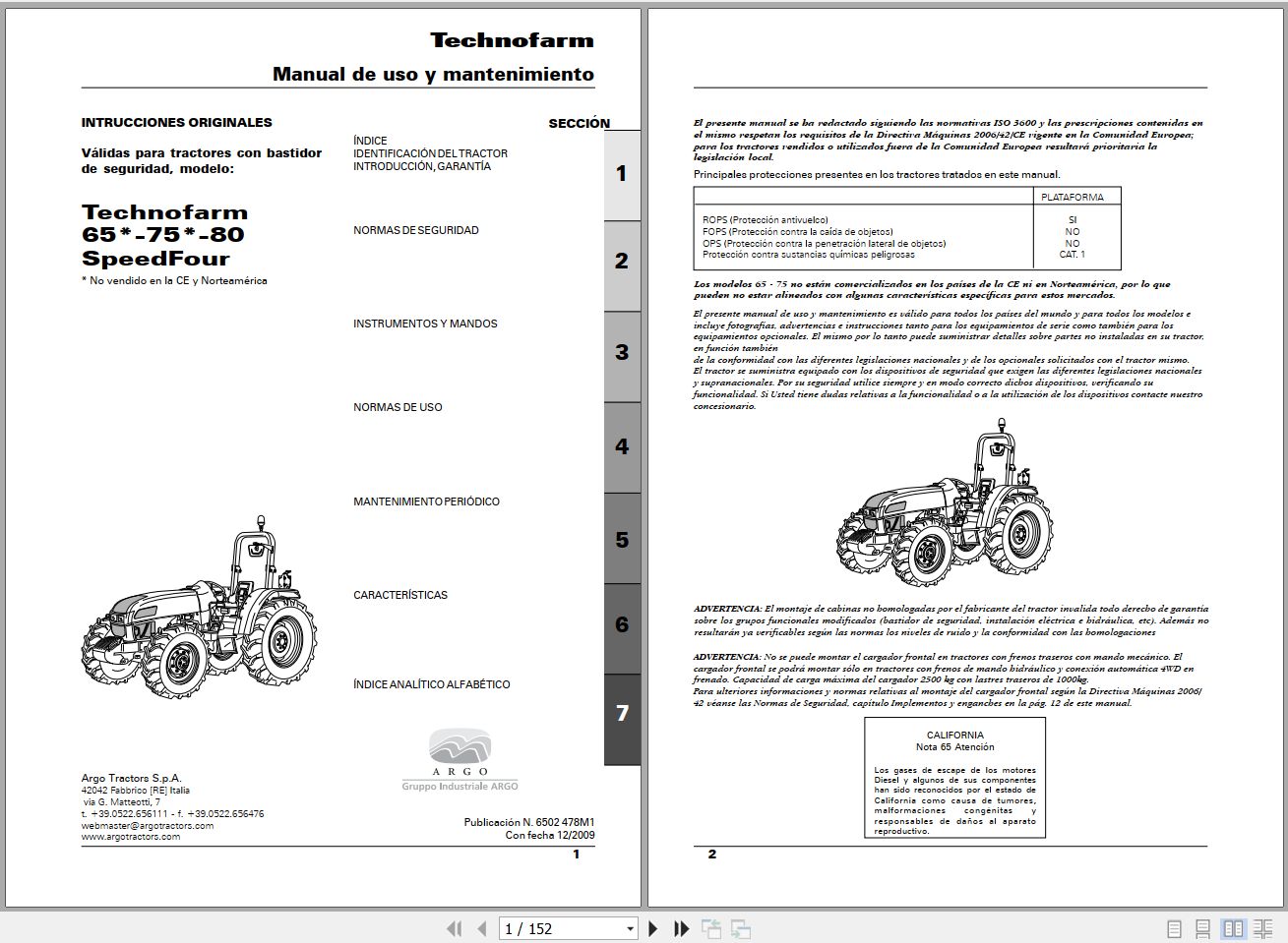 Landini Tractor Technofarm 65 75 80 SpeedFour Operators Maintenance Manual 6502478M1 ES 1