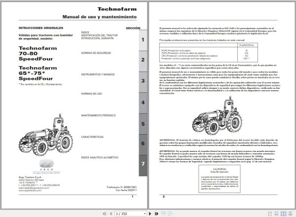 Landini Tractor Technofarm 65 80 Operators Maintenance Manual 6508013M1 ES 1