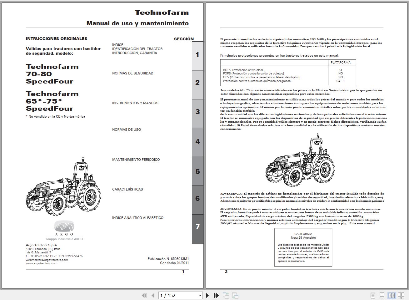 Landini Tractor Technofarm 65 80 Operators Maintenance Manual 6508013M1 ES 1