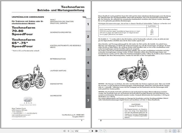 Landini Tractor Technofarm 65 80 Operators Maintenance Manual 6508014M1 DE 1