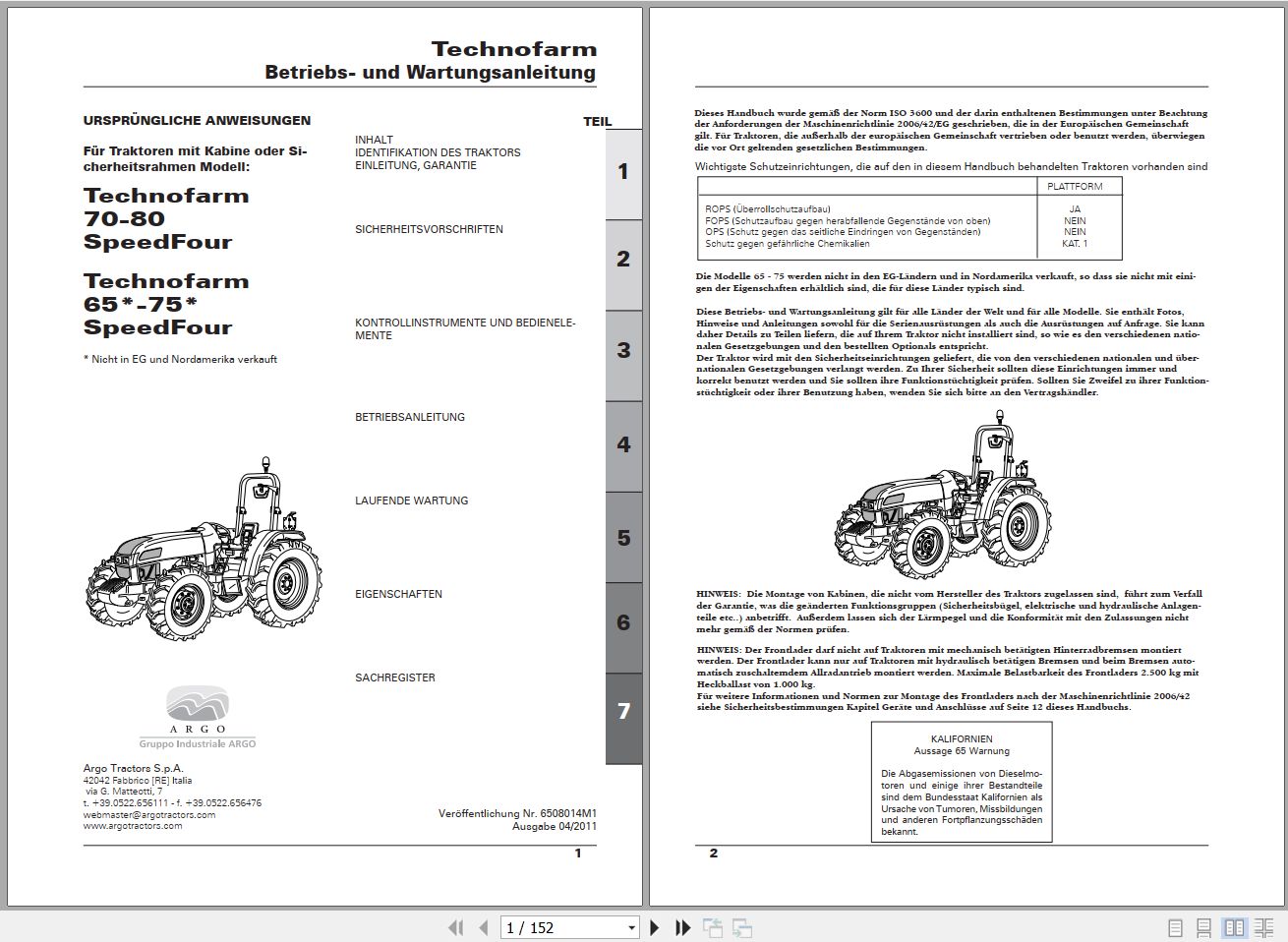 Landini Tractor Technofarm 65 80 Operators Maintenance Manual 6508014M1 DE 1
