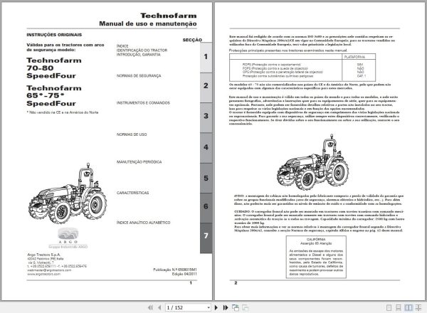 Landini Tractor Technofarm 65 80 SpeedFour Operators Maintenance Manual 6508015M1 PT 1