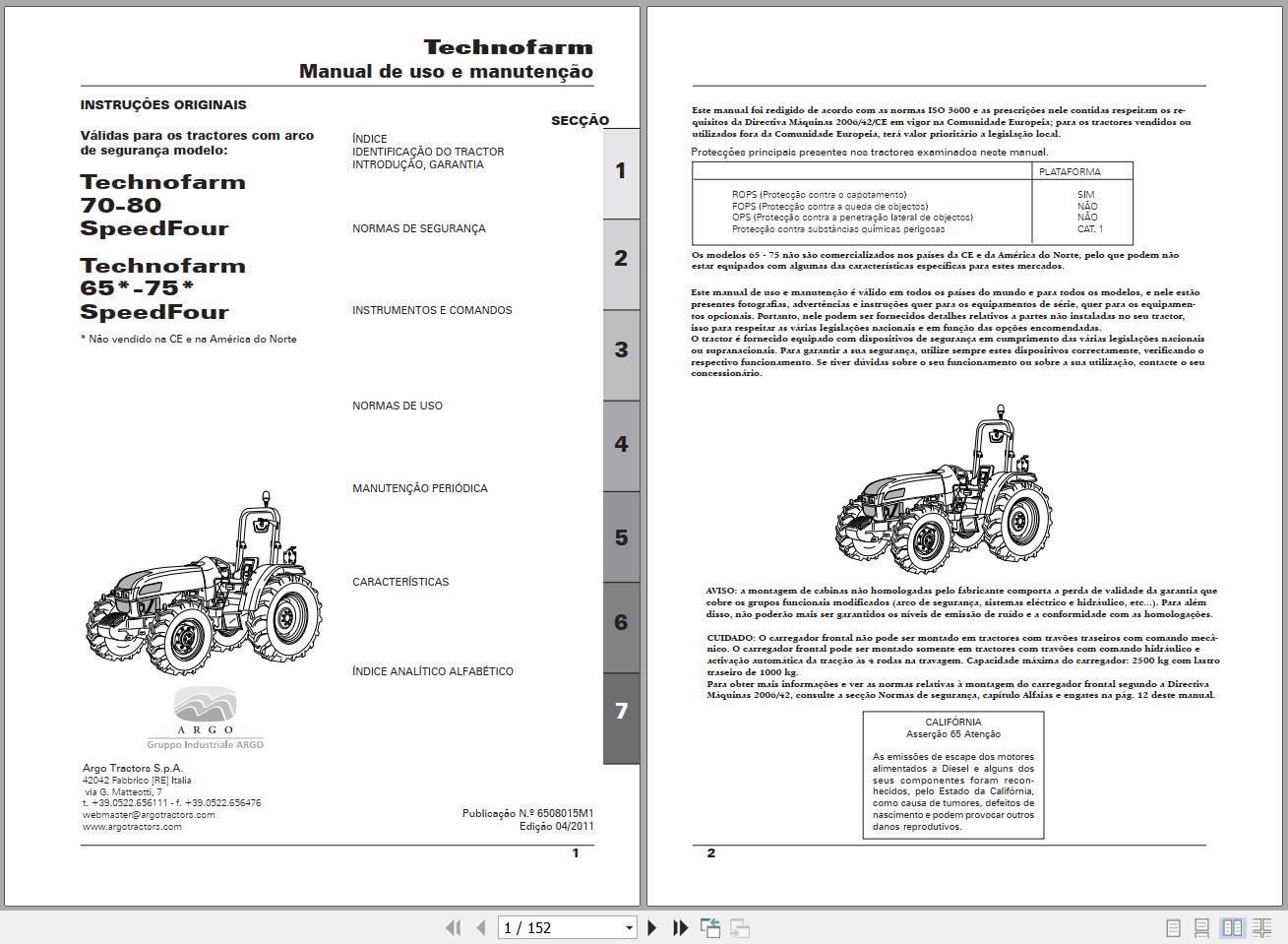 Landini Tractor Technofarm 65 80 SpeedFour Operators Maintenance Manual 6508015M1 PT 1