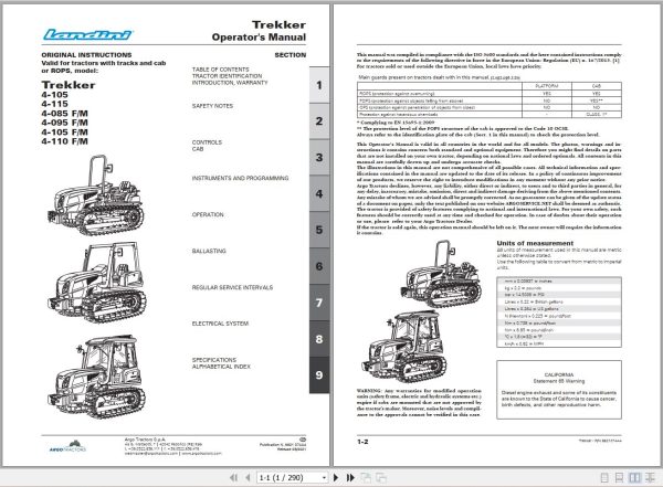 Landini Tractor Trekker 4 105 to 4 110 F M Operators Maintenance Manual 6621074A4 EN 1