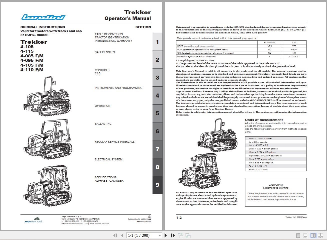 Landini Tractor Trekker 4 105 to 4 110 F M Operators Maintenance Manual 6621074A4 EN 1