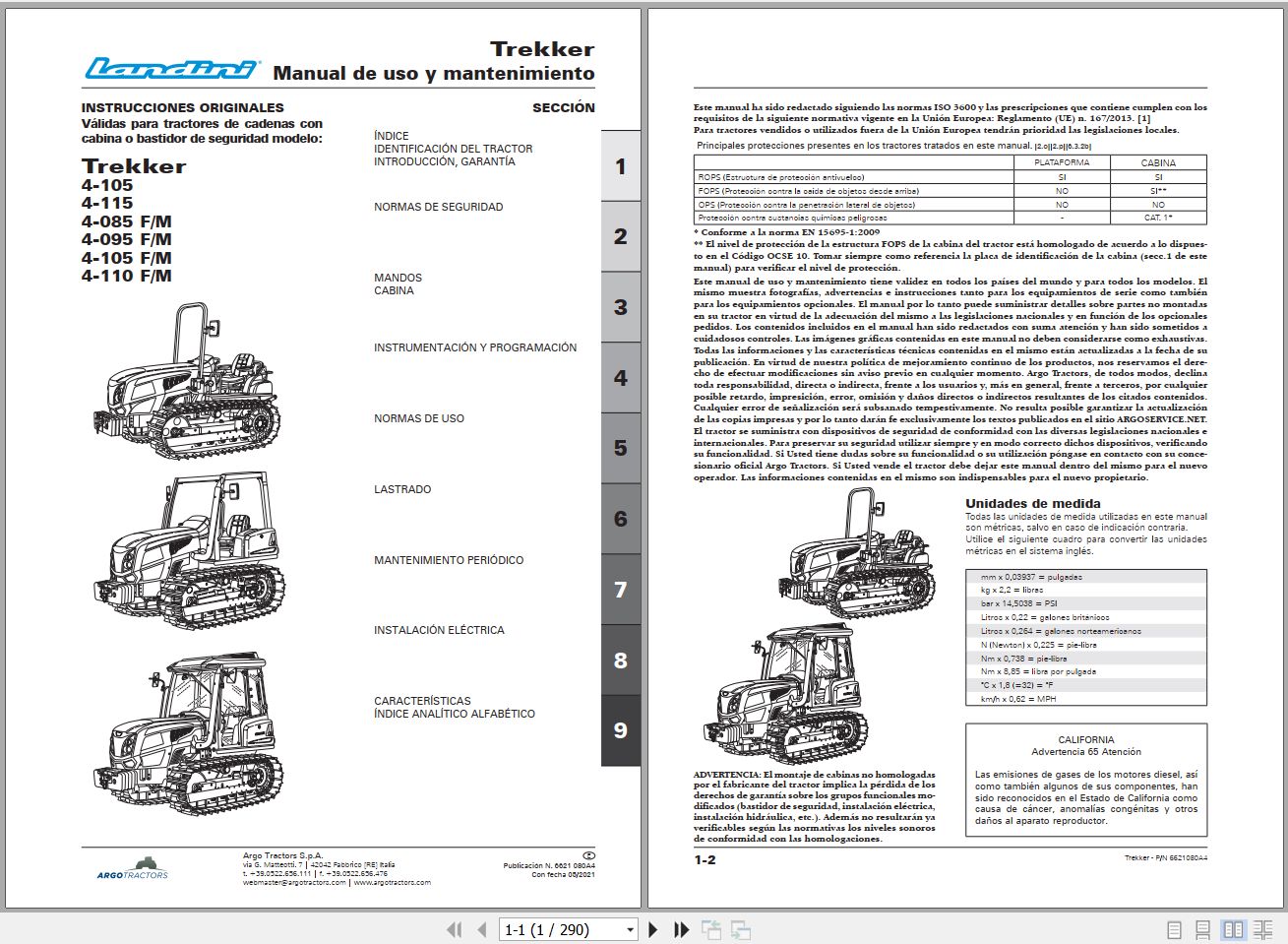 Landini Tractor Trekker 4 105 to 4 110 F M Operators Maintenance Manual 6621080A4 ES 1