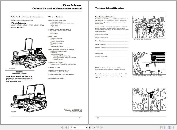 Landini Tractor Trekker 55 C to 95 CF Operators Maintenance Manual 3539518M4 EN 1