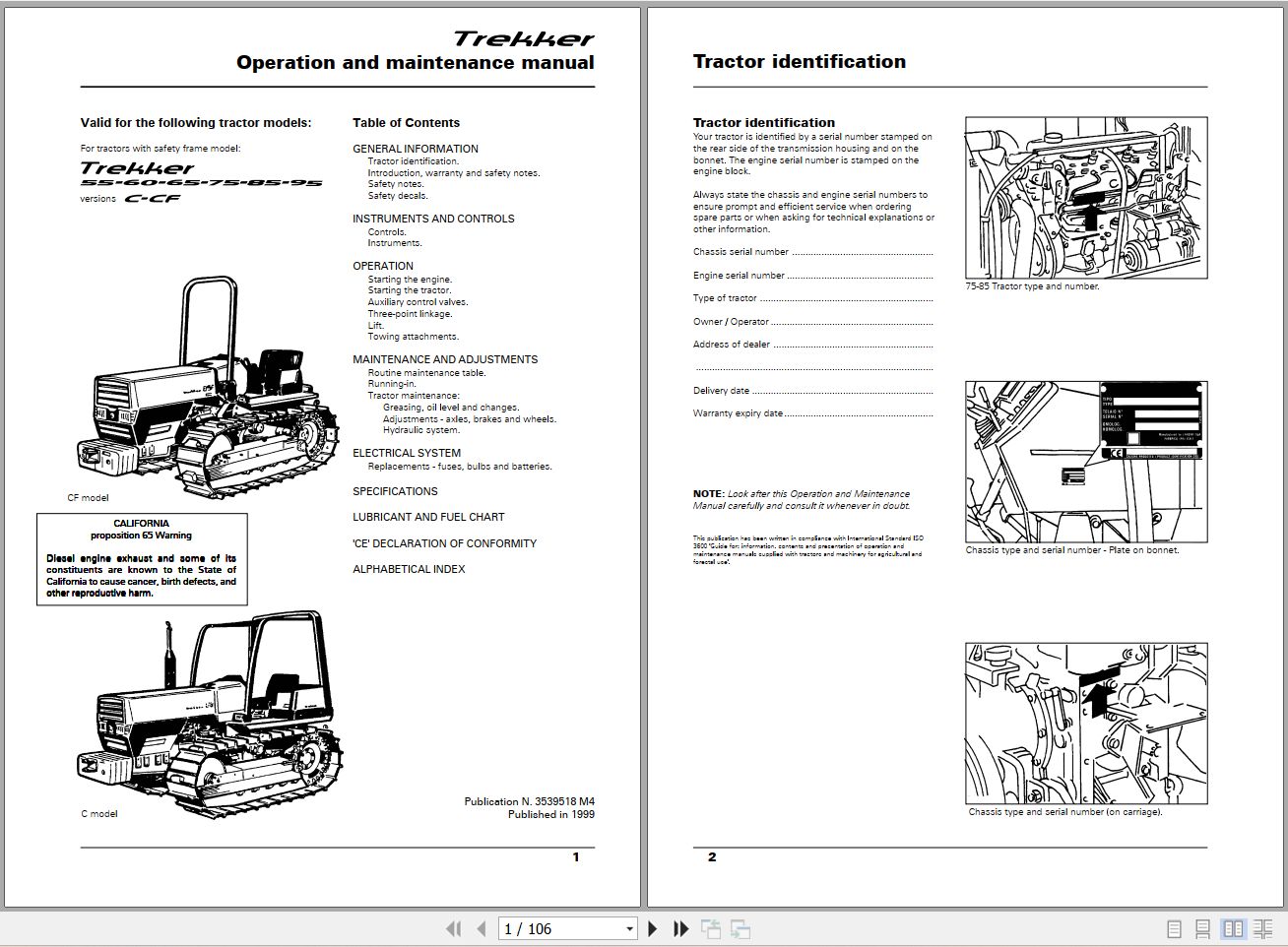 Landini Tractor Trekker 55 C to 95 CF Operators Maintenance Manual 3539518M4 EN 1