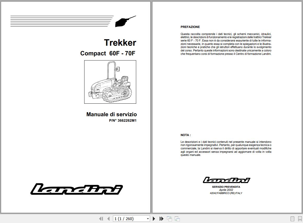 Landini Tractor Trekker 60F 70F Compact Service Manual 3662262M1 IT 1