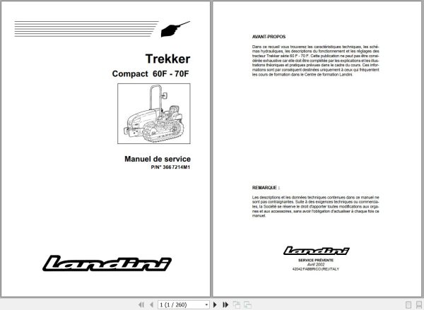 Landini Tractor Trekker 60F 70F Compact Service Manual 3667214M1 FR 1