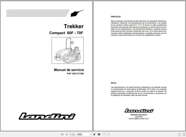Landini Tractor Trekker 60F 70F Compact Service Manual 3667215M1 ES 1