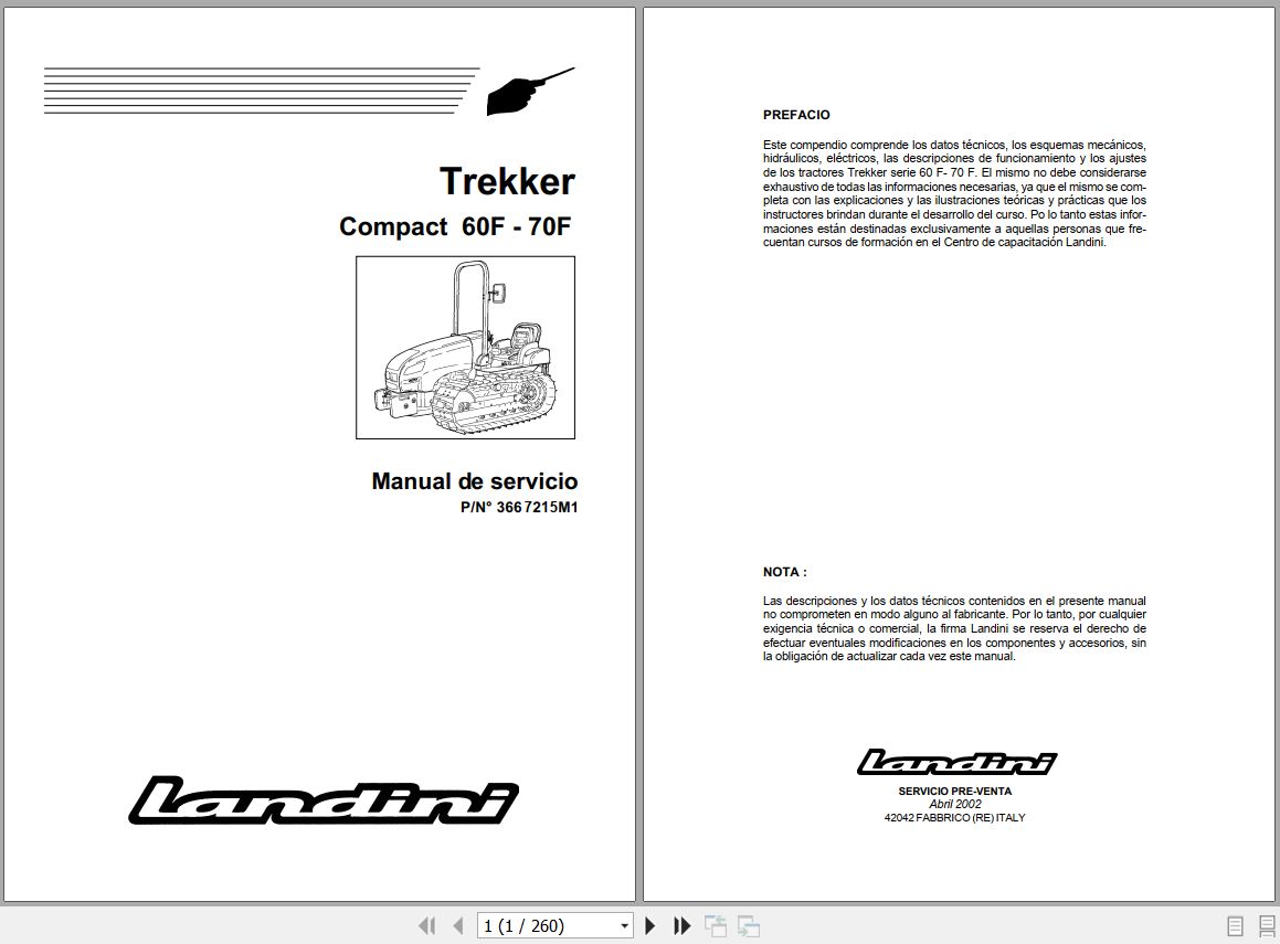 Landini Tractor Trekker 60F 70F Compact Service Manual 3667215M1 ES 1