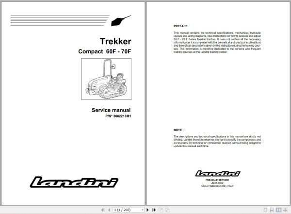 Landini Tractor Trekker 60F 70F Service Manual 3662213M1 EN 1