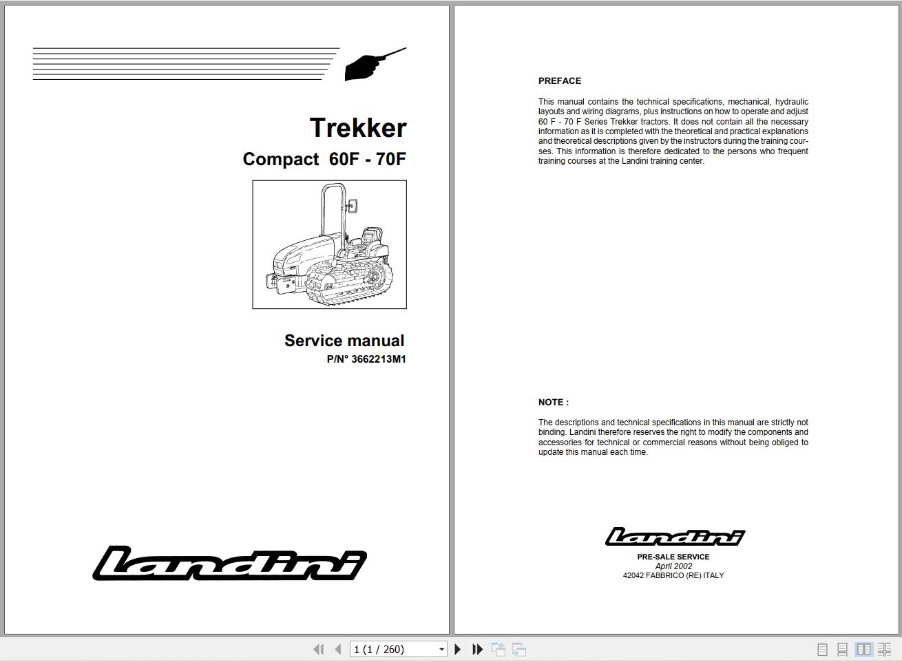 Landini Tractor Trekker 60F 70F Service Manual 3662213M1 EN 1